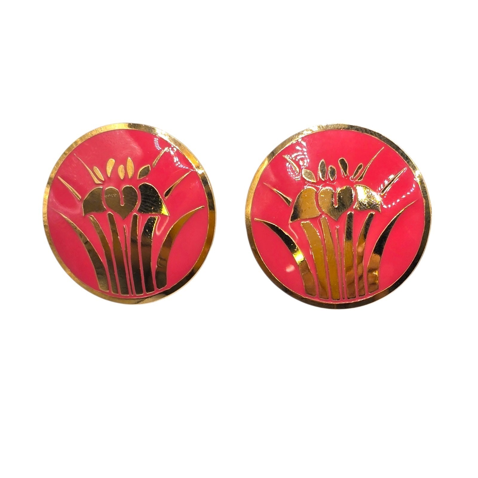 Vintage Lily Earrings Leaf Plant Floral Iris Flower Gold Tone Round Clip Ons