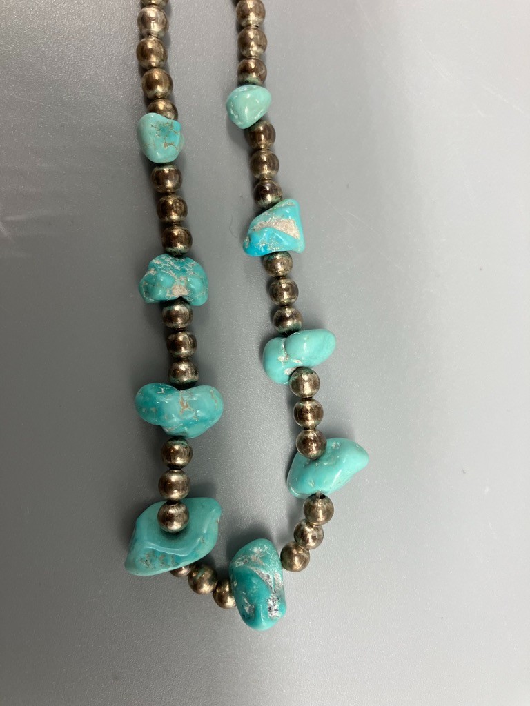 SILVER BEAD AND TURQUOISE NECKLACE 19 1/2 INCHES LONG