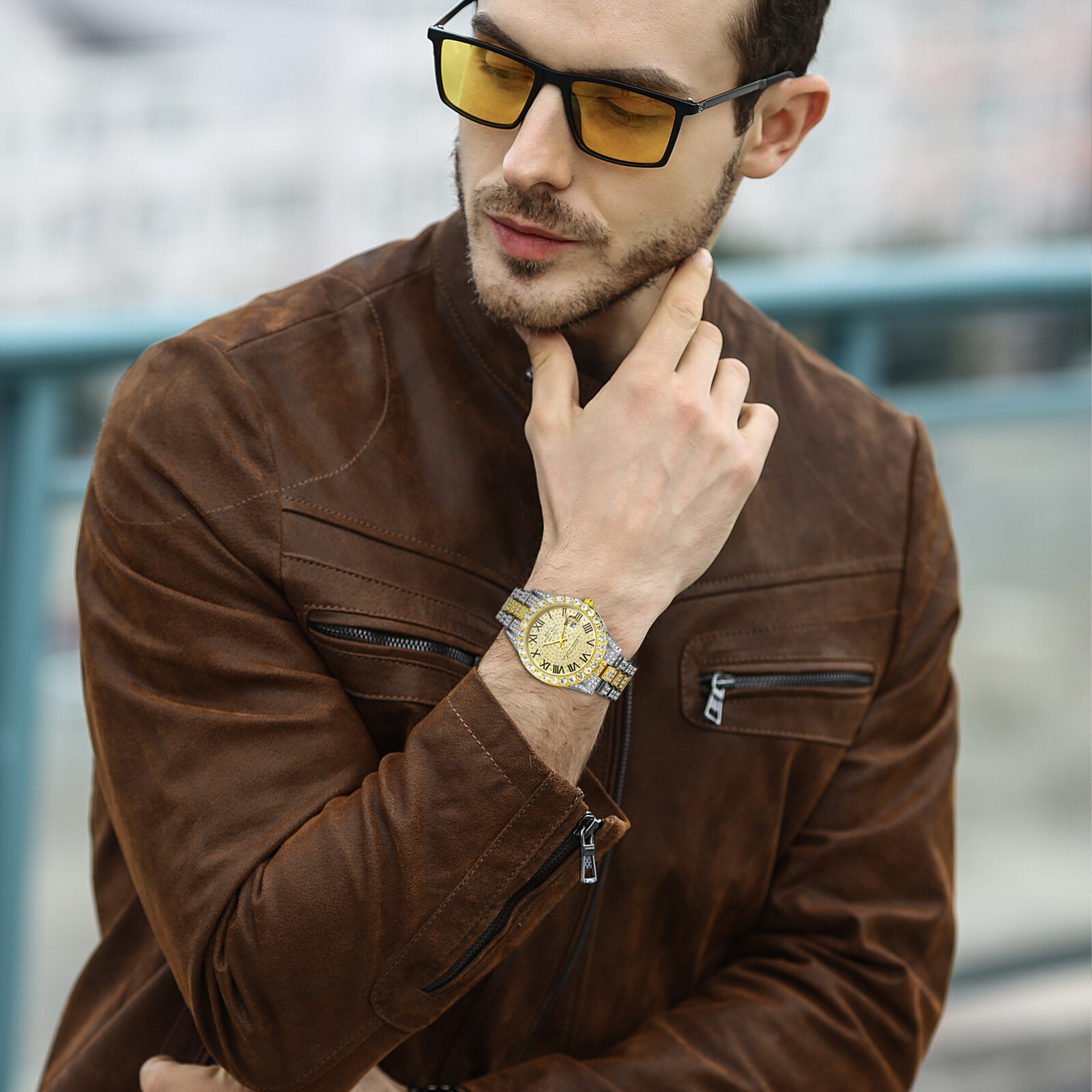 Hip Hop Men CZ Iced Round Stainless Steel Date Quartz Wrist Watch Cuban Bracelet