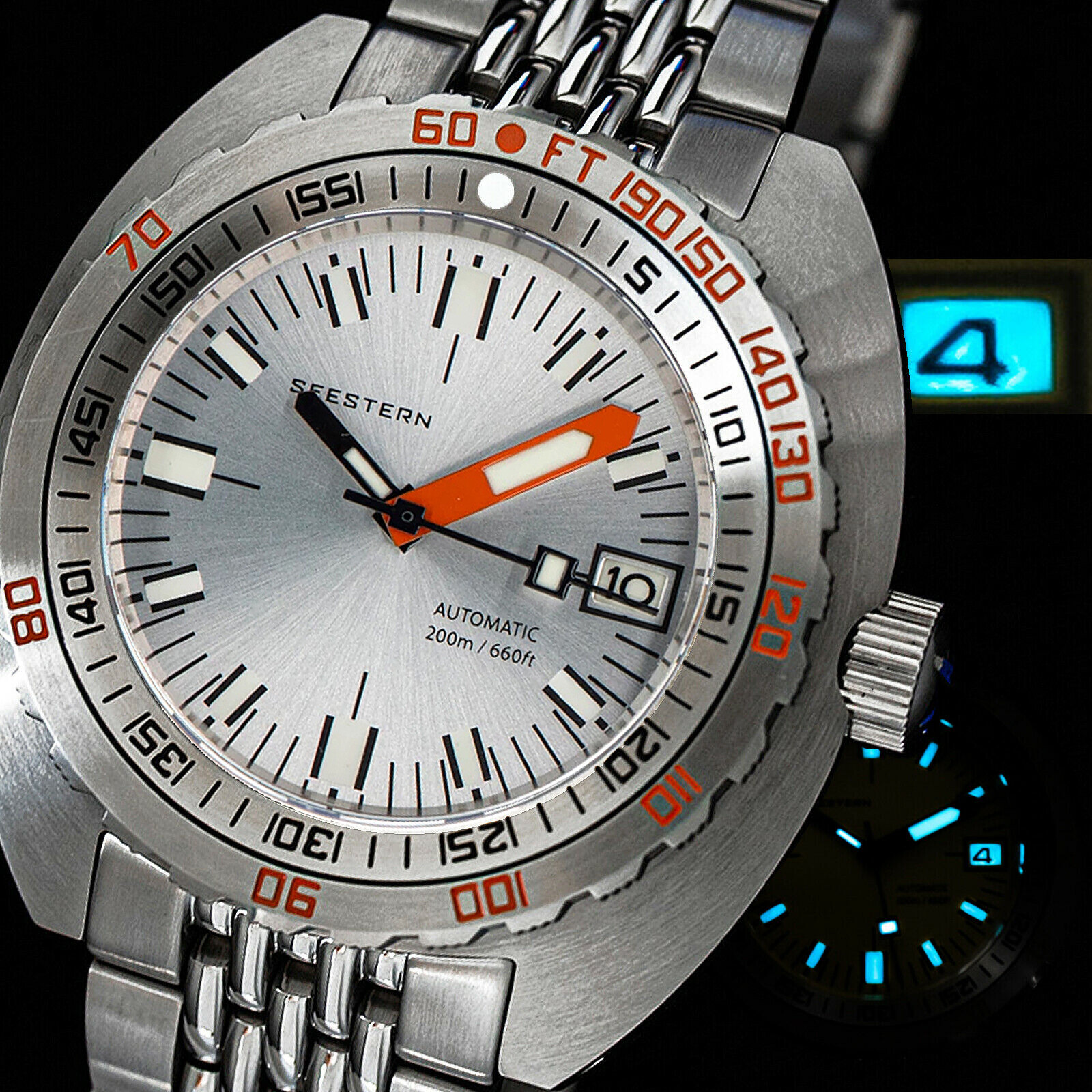 Seestern V3 42MM SUB 300T LUME DATE Bezel 200m DIVER’S Mens Sport Watch Silver