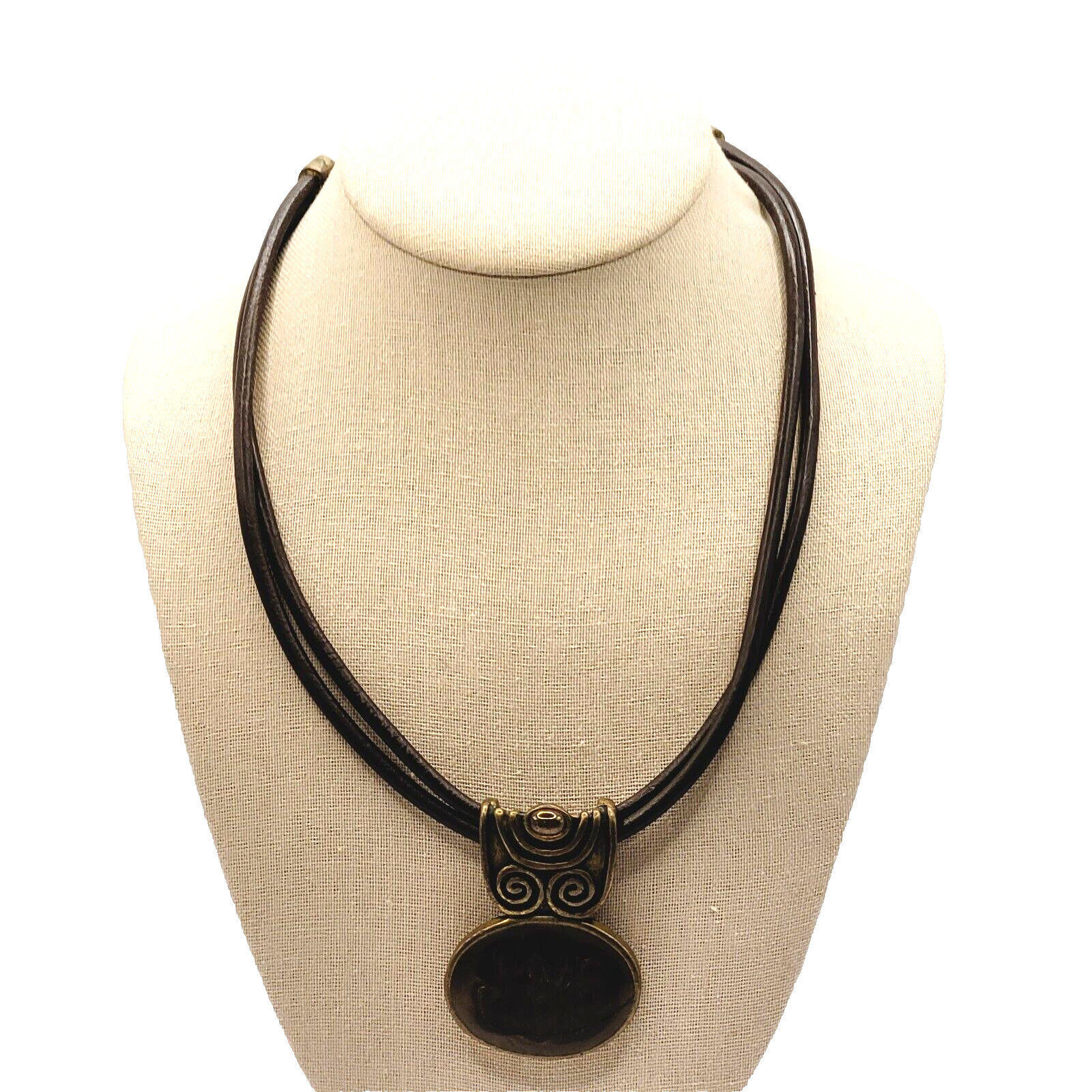 Chico’s Bronze Tone Enamel Medallion w Amber Glass Pendant Necklace Faux Leather