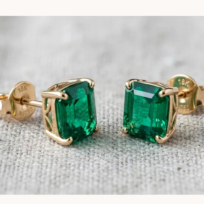 Natural Emerald 4Ct Emerald Cut Solitaire Stud Earring 14k White Gold Plated