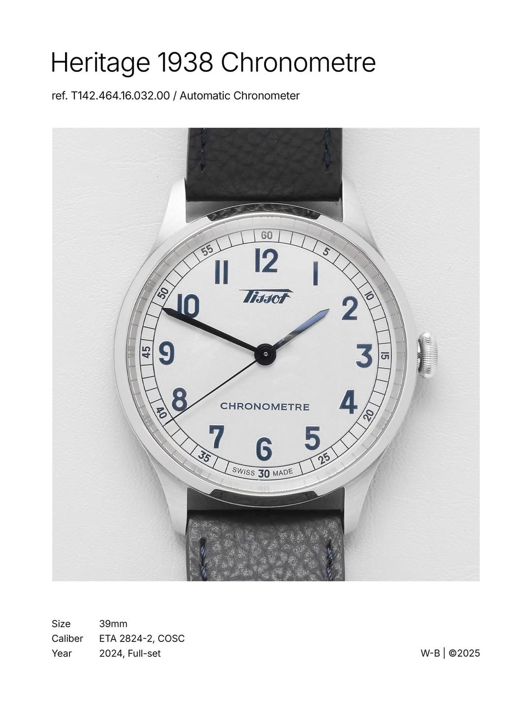 Rare Tissot Heritage 1938 Chronometre White Dial Automatic T142.464.16.032 Swiss