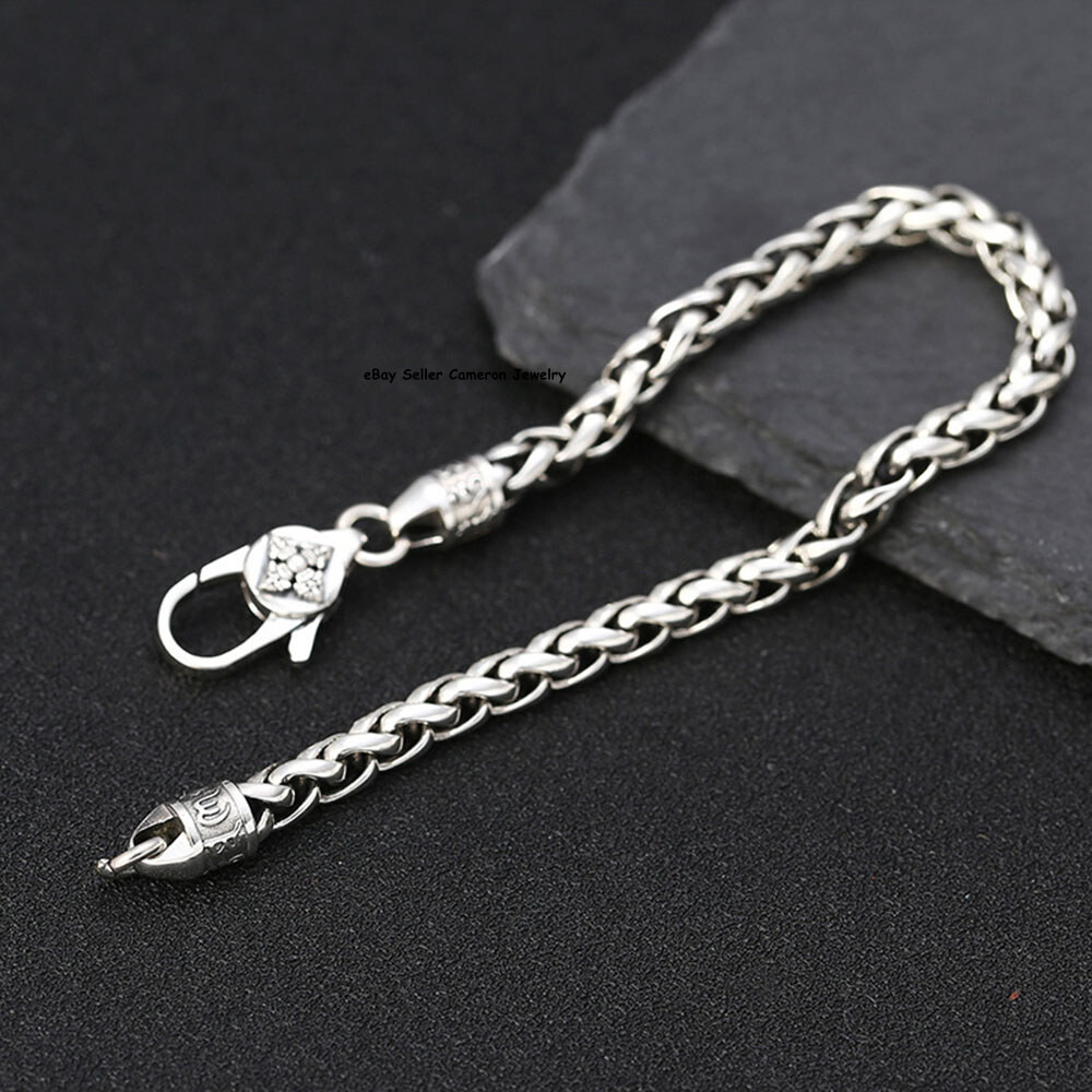Pure S925 Sterling Silver Chain Unisex 5mm Cross Wheat Link Bracelet 7.1-8.3inch