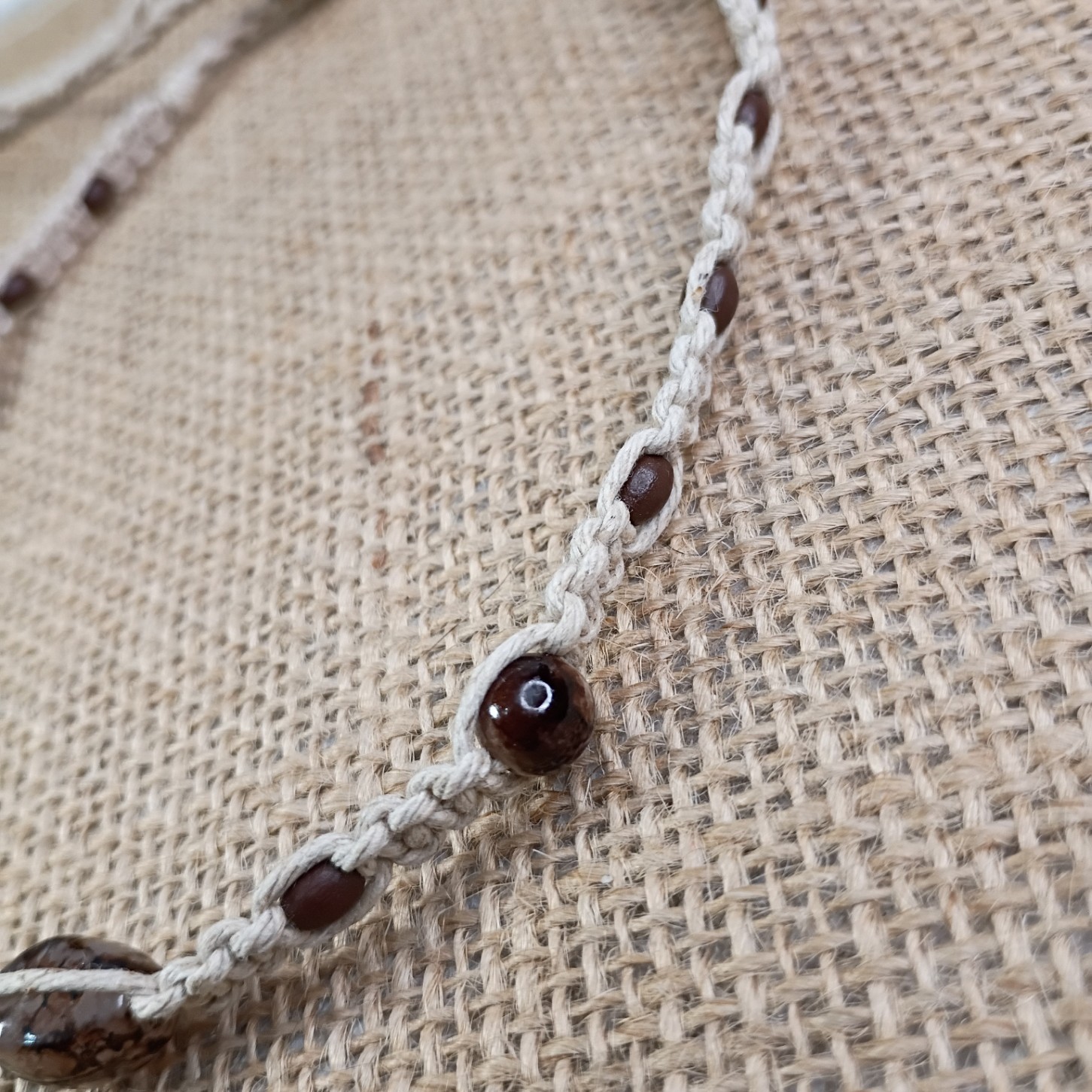 New Natural Hemp Choker Necklace W/ Mixed Brown Beads 13-18 in Tie-On Macrame