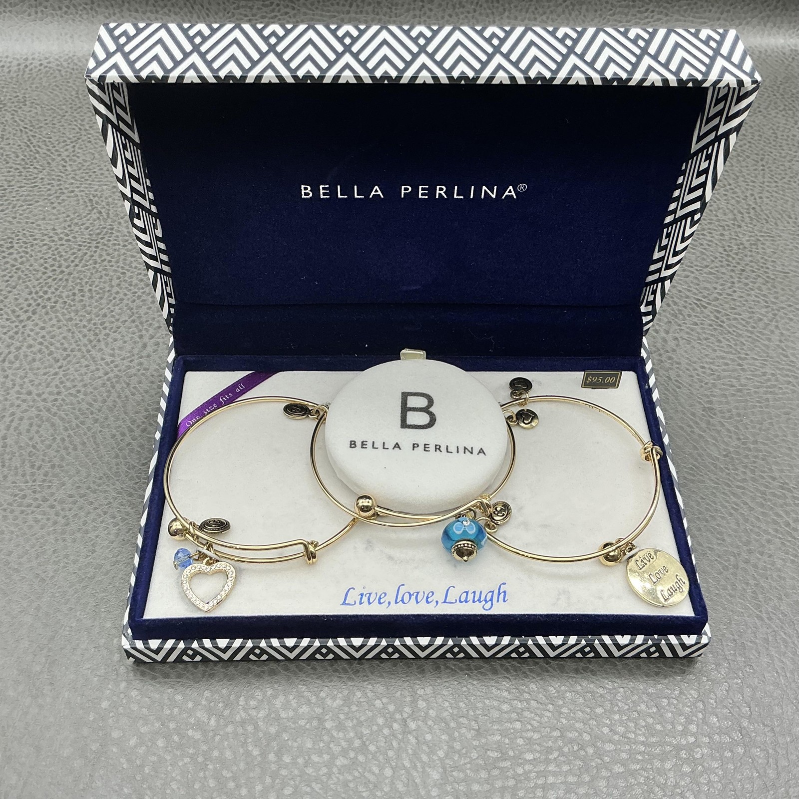 Bella Perlina Bracelet Set Gold Tone Blue Glass Charm Live Love Laugh Womens