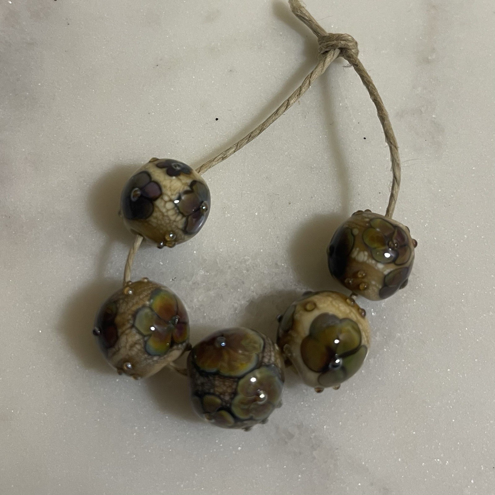 Artisan Handmade Lampwork Glass Focal Beads Set of 5 Floral Ivory Olive Plum