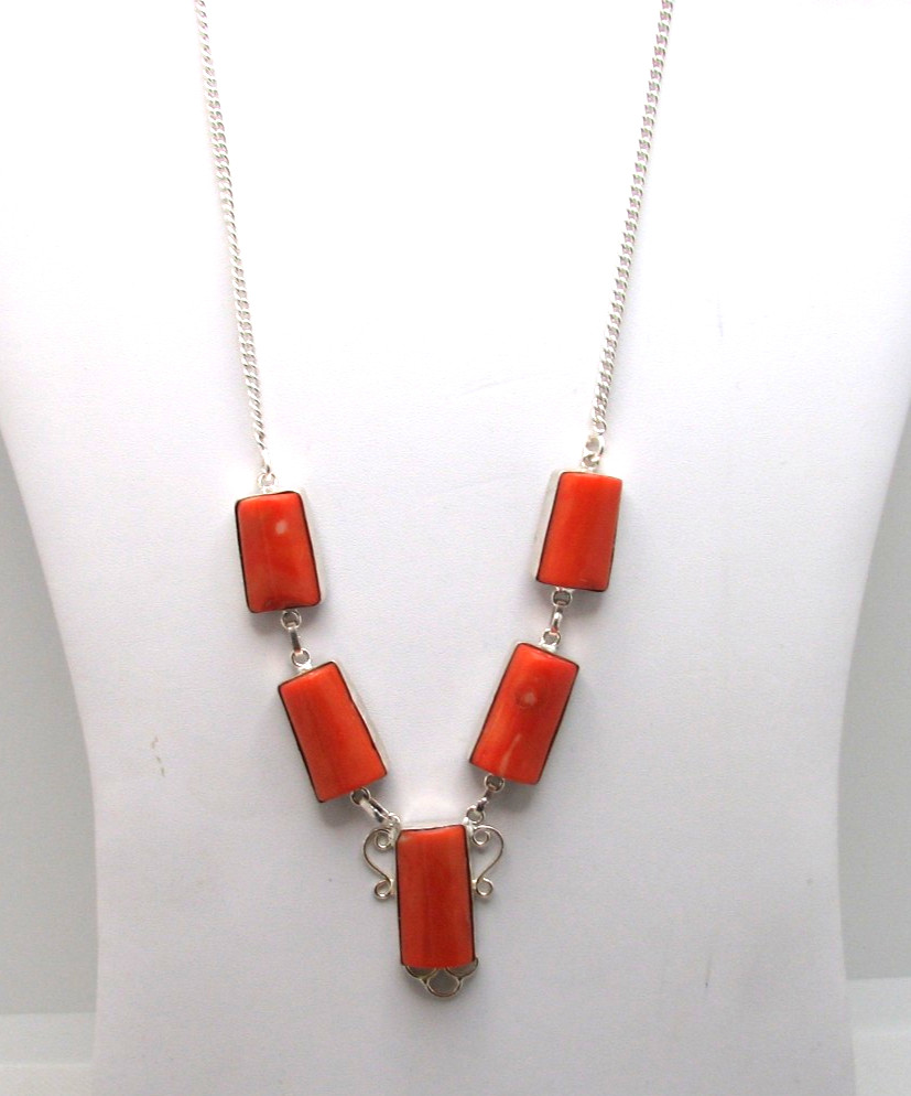 Natural Polished Orange Coral Rectangular Cabochon Pendant Necklace 19.5″