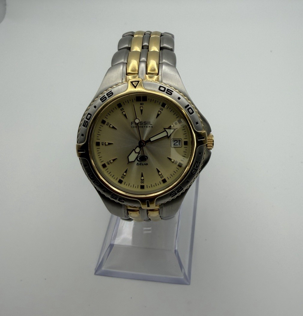 Fossil Blue 100M Two-Tone Quartz Men’s Watch Date Stainless Steel Runs Great