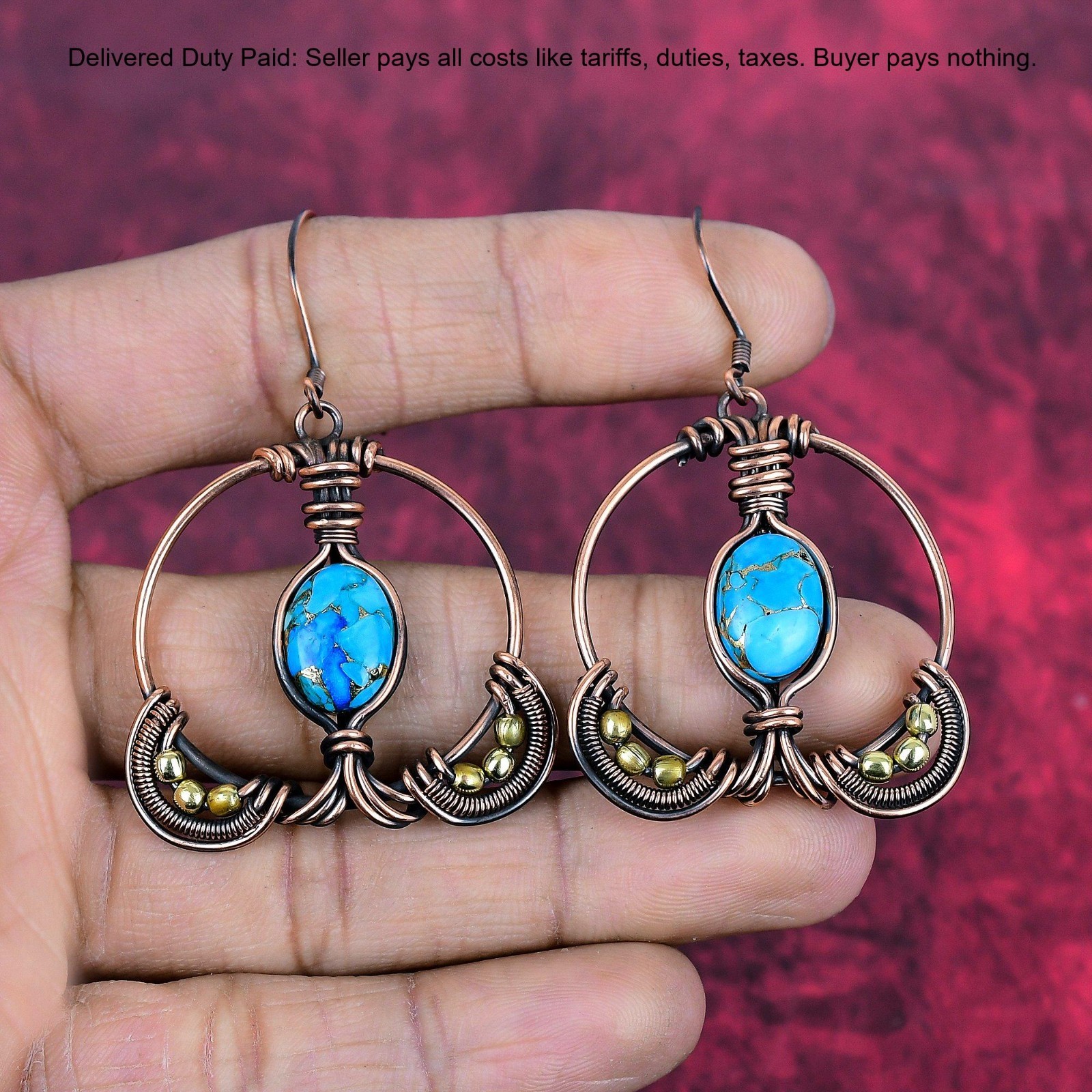 Copper Copper Blue Turquoise Stone Wife Wire Wrapped Drop Hook Earrings Jewelry