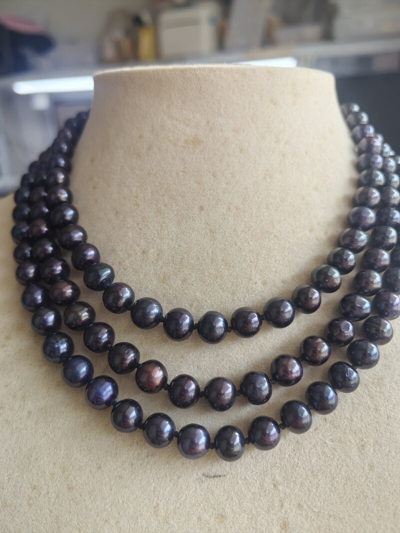 3 rows AAAA LUSTER 8-9mm Natural Tahitian Black round Pearl Necklace 925s 18in