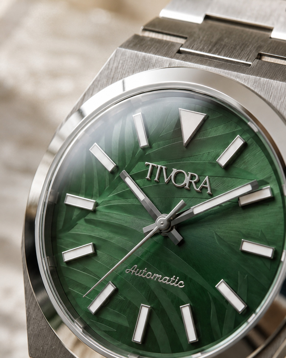 TÍVORÁ Échelon Argent Steel Palm Dial – Custom Branded Automatic Watch