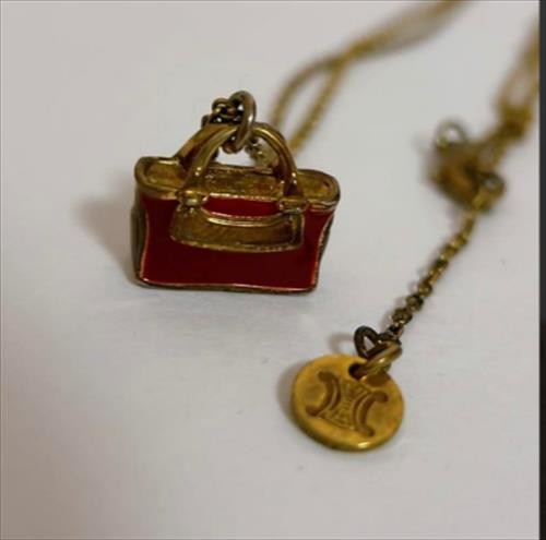 CELINE Necklace Handbag Motif Pendant Enamel Red Gold Length: 20.5 in.Vintage