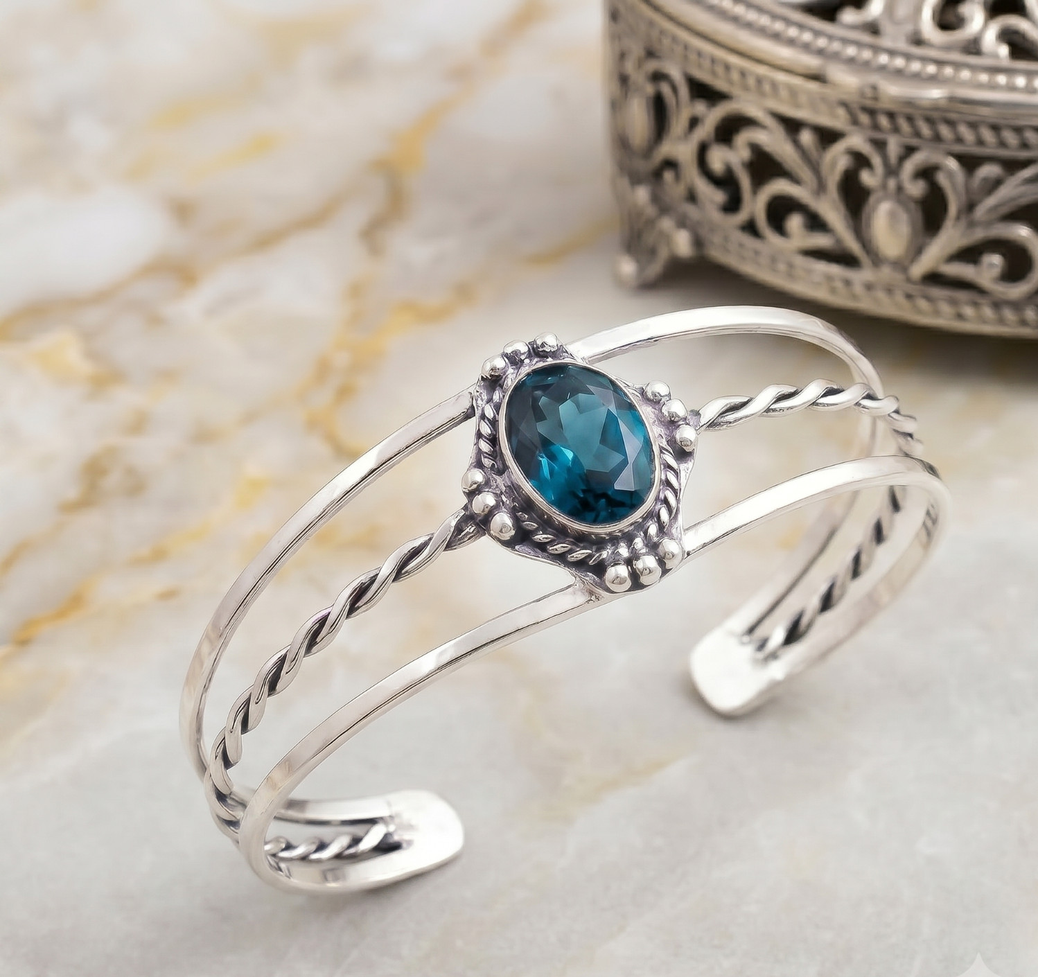 London Blue Topaz Handmade Cuff Bracelet 925 Sterling Silver ADJ” Boho Jewelry