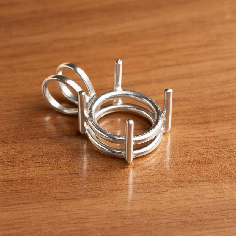 925 Sterling Silver Round 12mm Prong Pendant Setting Pre-Notched DIY Jewelry