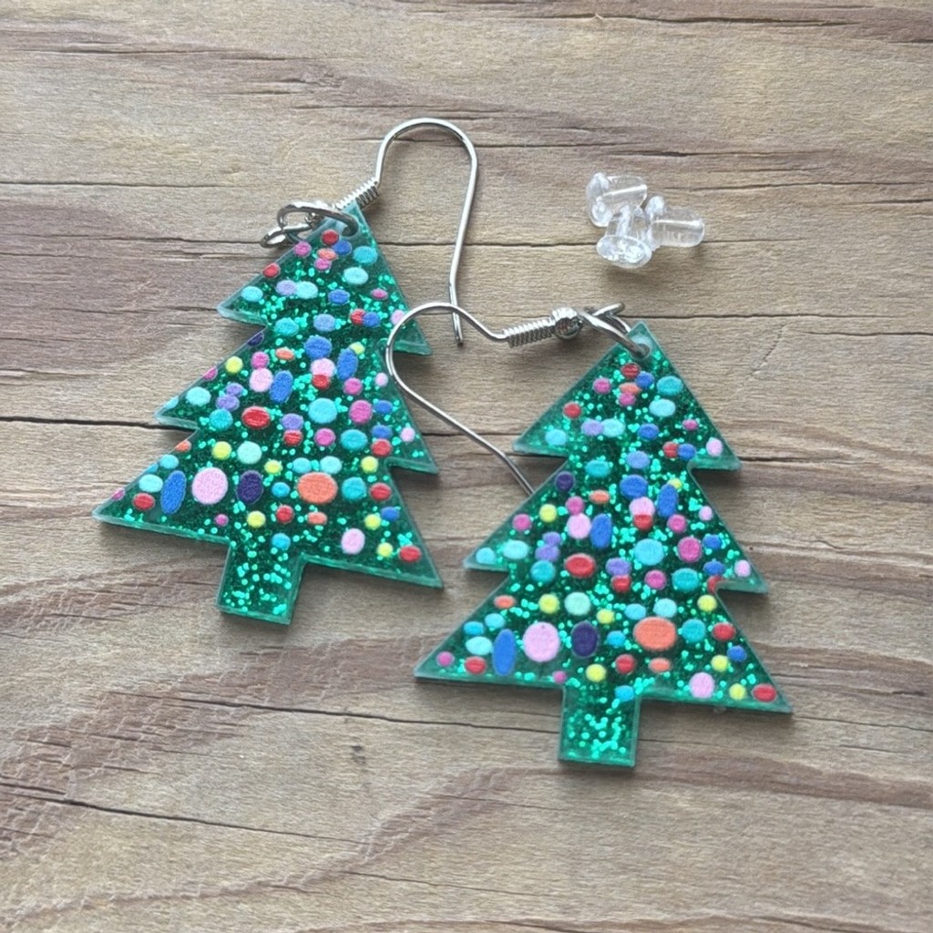 Christmas Tree Earrings Acrylic Holiday Drop Dangle Colorful Ornaments