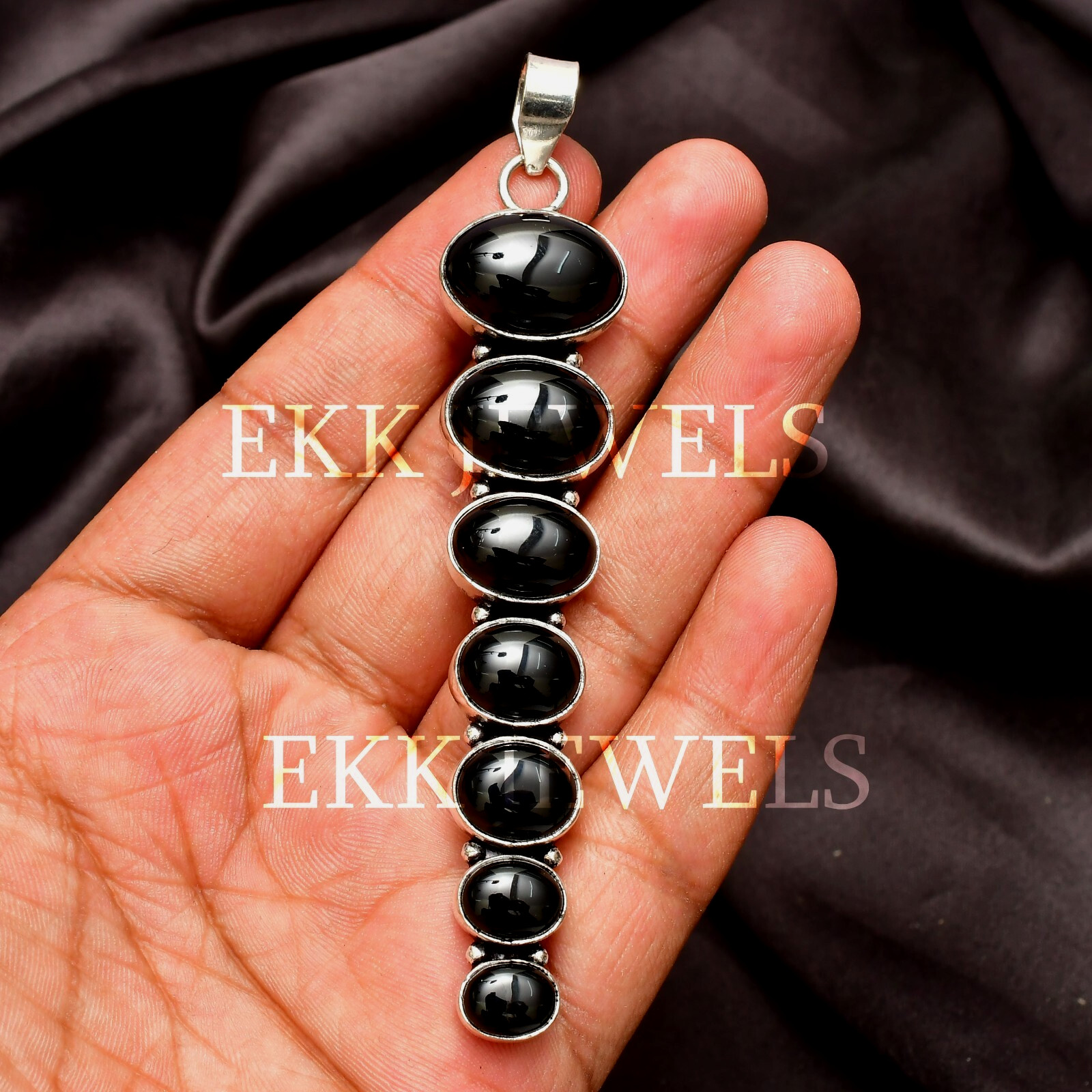Natural Black Onyx Gemstone 925 Sterling Silver Handmade Jewelry Pendant 2.80″