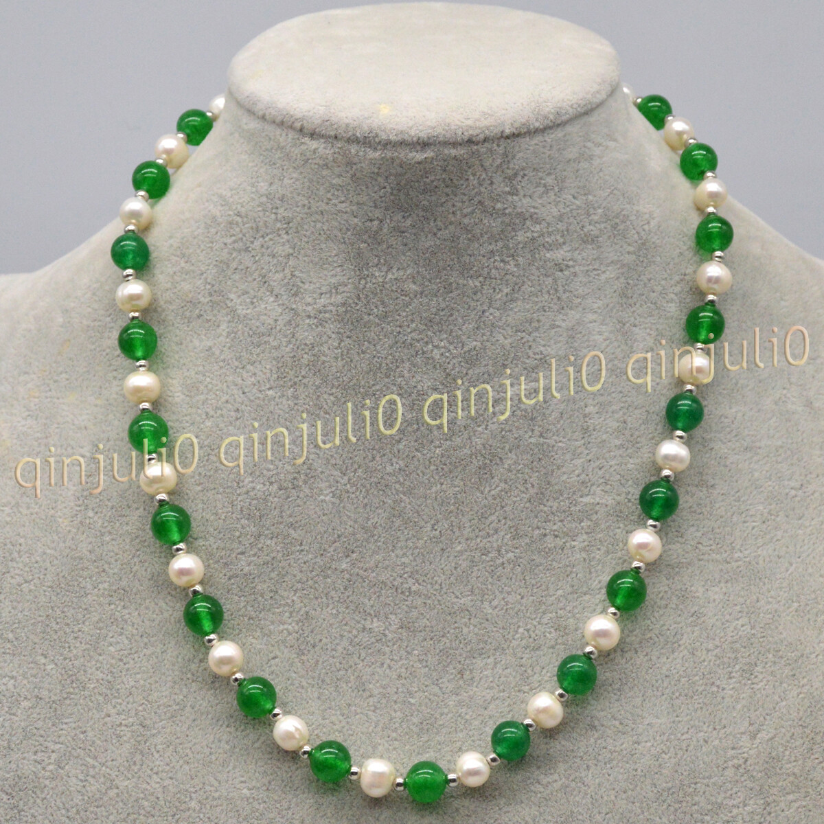 7-8MM Natural White Akoya Pearl Green Jade Round Gems Beads Necklace 16-36inch