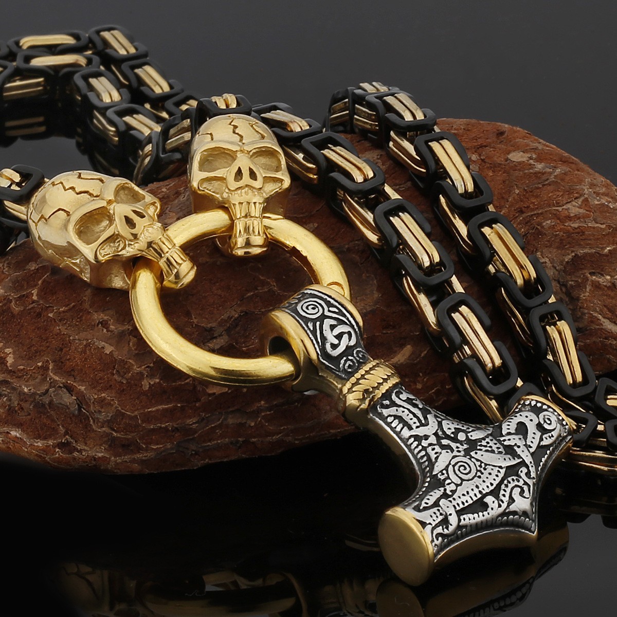 Nordic Viking Skull Thor’s Hammer Titanium Steel Necklace Pendant