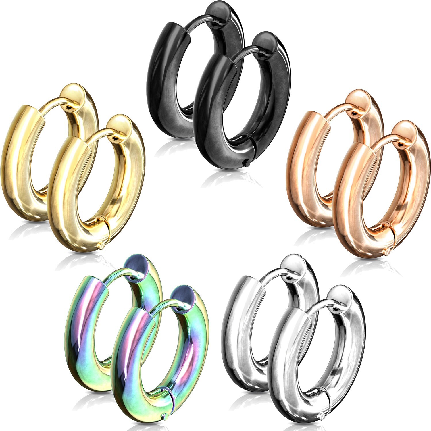 Stainless Steel Thick Round Polished Hoop Earrings (Choose Color & Size)