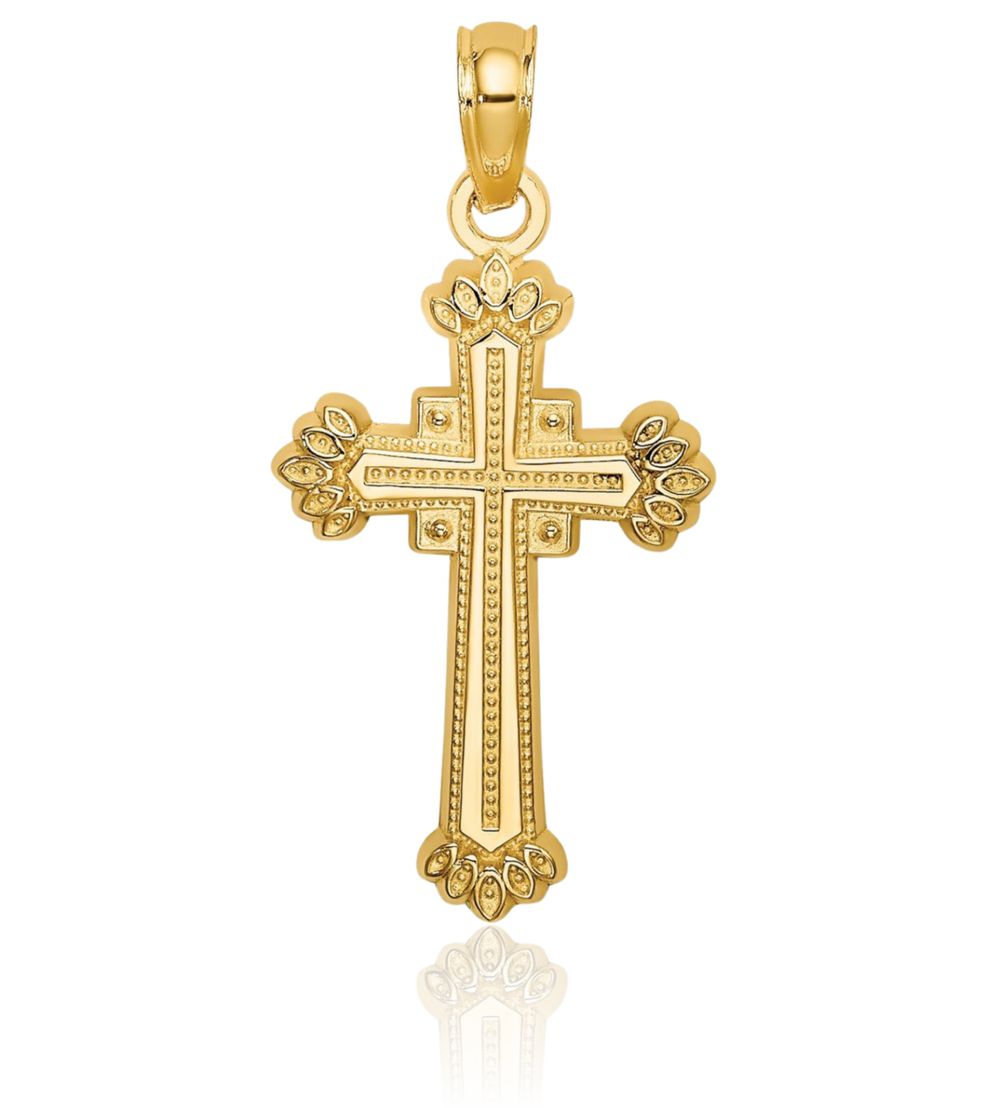 14K Solid Yellow Gold Fleur De Lis Medium Cross Pendant Necklace 24.95mm 1 inch