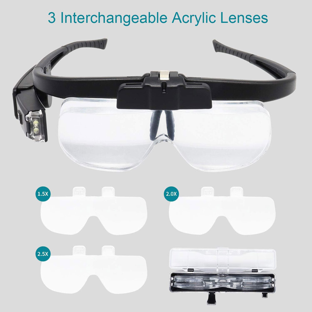 LED Jewelers Magnifying Glasses Headband Magnifier Illuminated Visor With 3 Lens