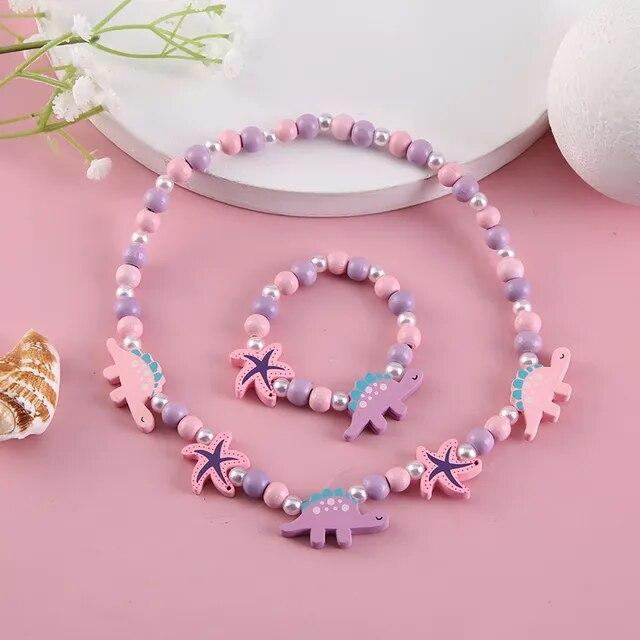 Colorful Wooden Unicorn Flower Animal Child Necklace Bracelet Girls gift Jewelry