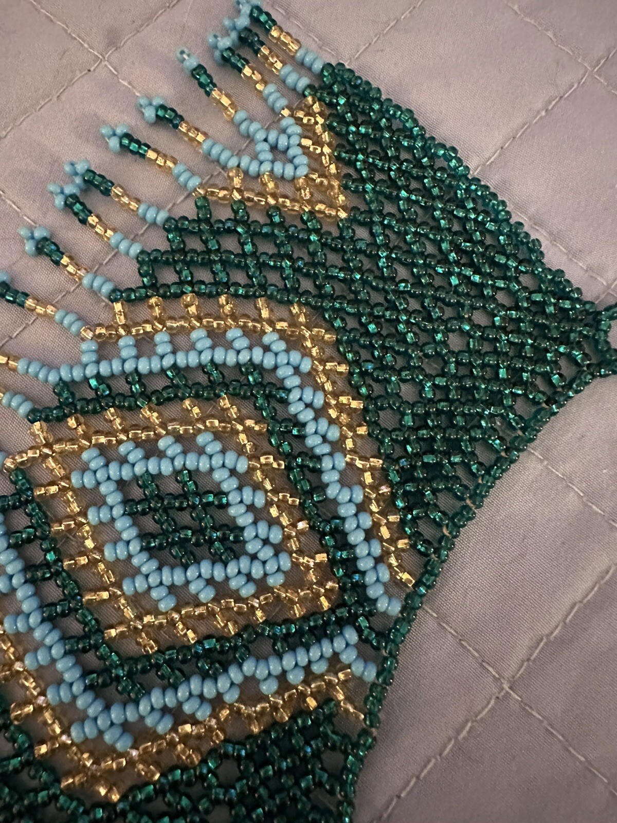 Vintage Bib Blue Green Gold Seed Bead Huichol Fringe Necklace See Desc