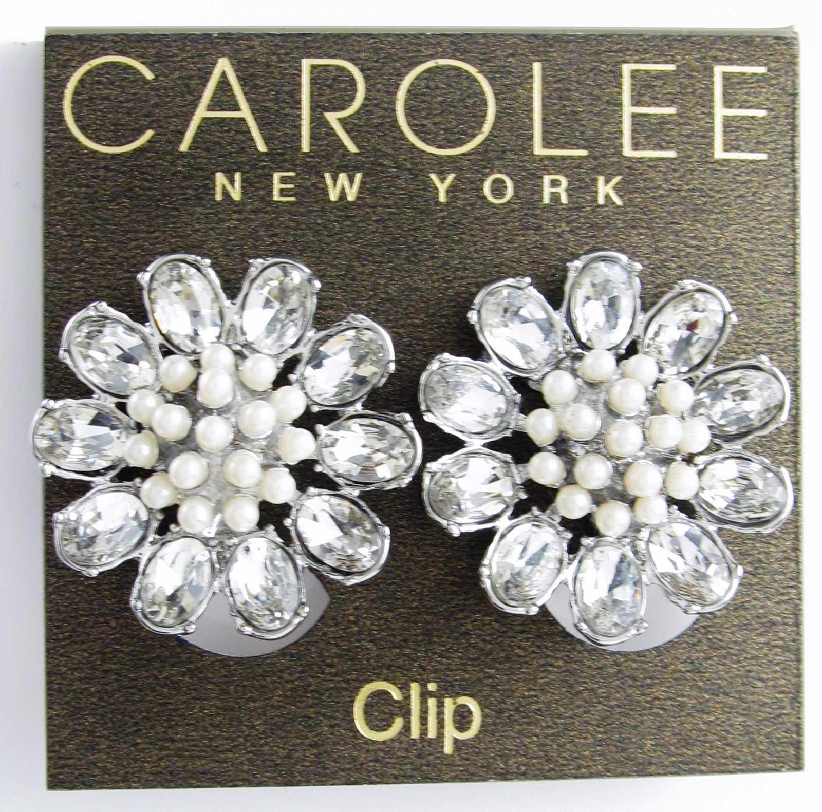 Carolee Imitation Pearl Flower Silver-Tone Button Clip-On Earrings NWT