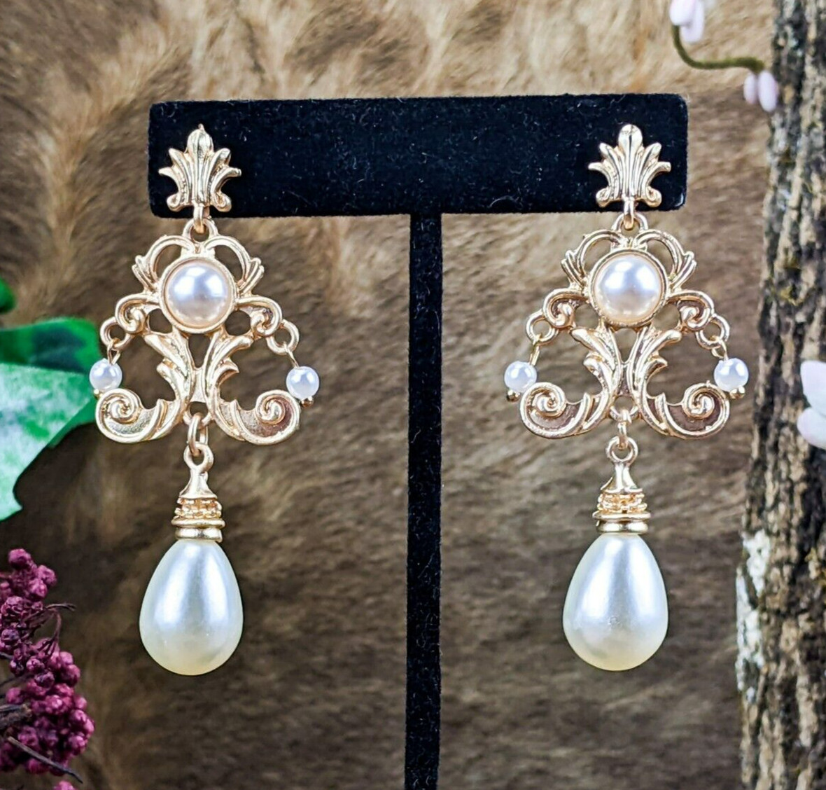 f38d Elegant Gold & faux Pearl Dangle Drop Earrings Bold Jewelry Fashion Gift