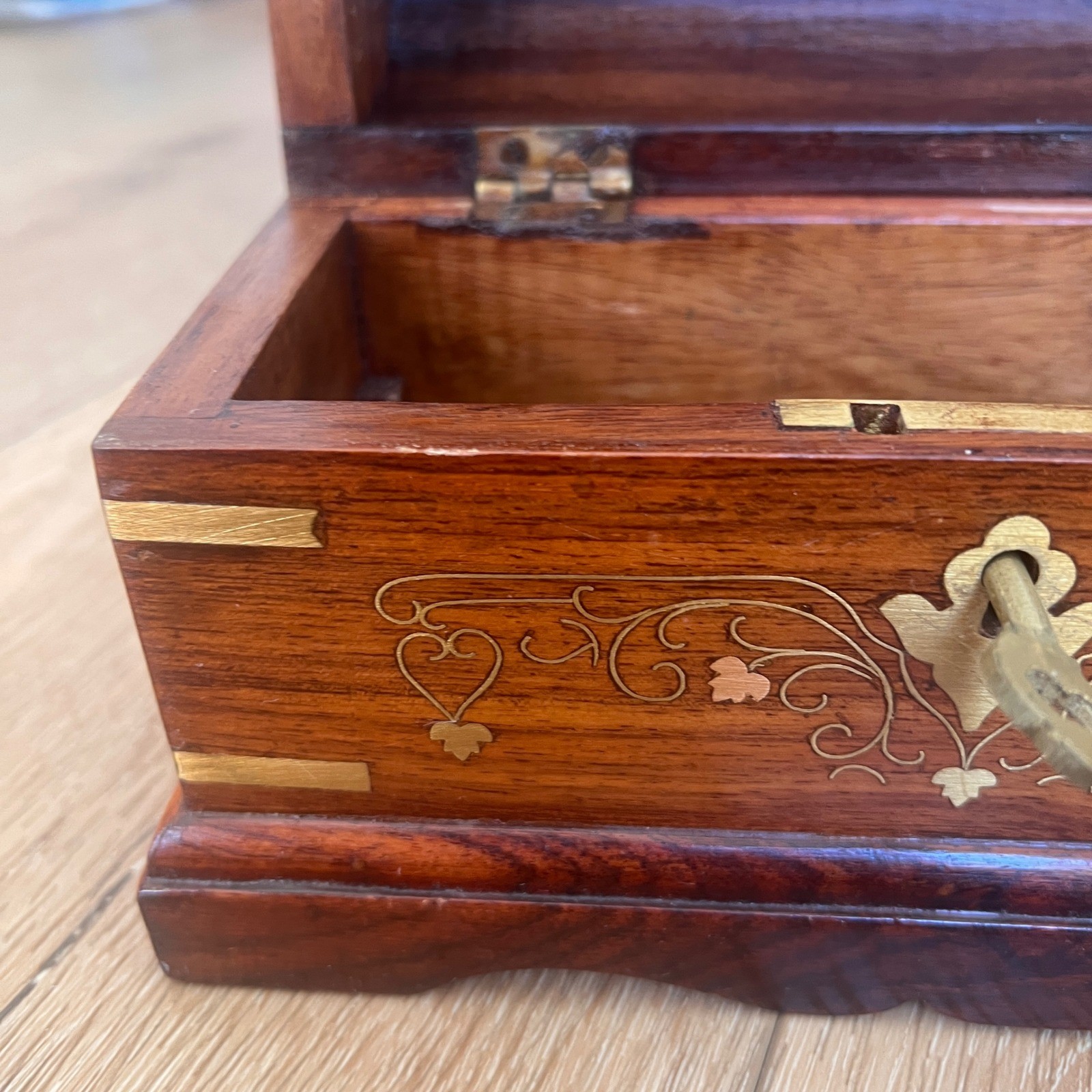 Vintage Wooden Jewelry Box Dome Top Brass Inlay Chest with Key Keepsake Box