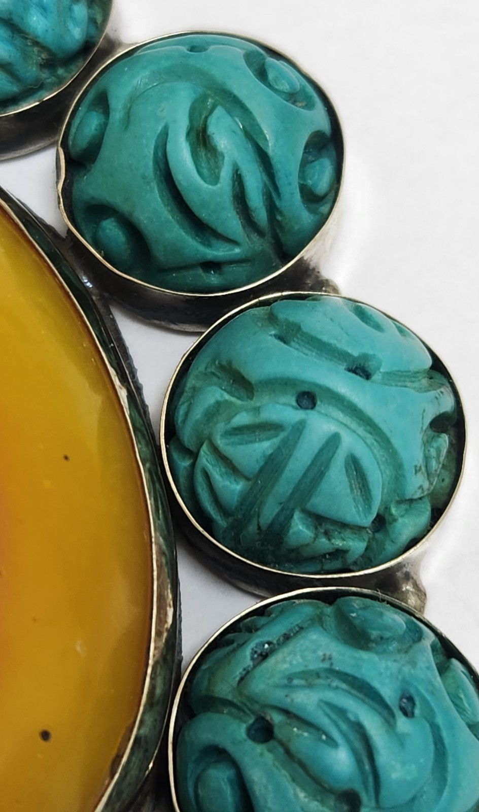 Tibetan Amber Resin Earrings/Large Pendant set in Silver, Carved Turquoise Beads