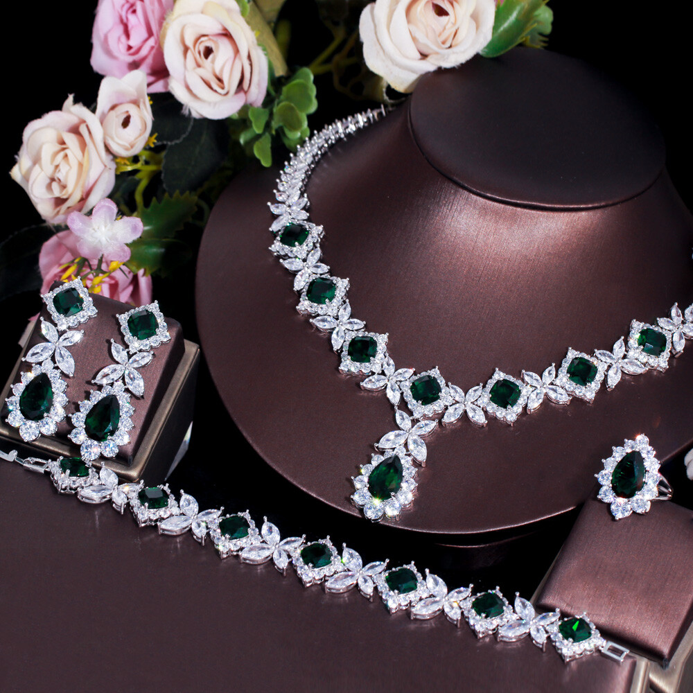 Green CZ Women Engagement Leaf Drop Necklace Earring Bracelet Ring Jewellery Set