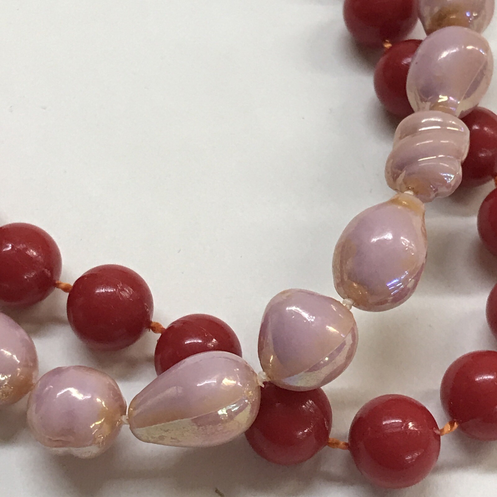 Vintage Set of 2 19″ Strand String Necklace Pink Shell Look and Red