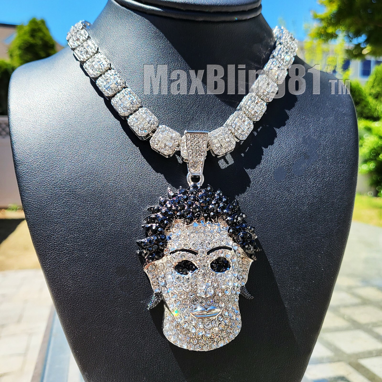 Large Silver Plated Alloy Killer Mask Pendant & Cubic Zirconia Chain Necklace