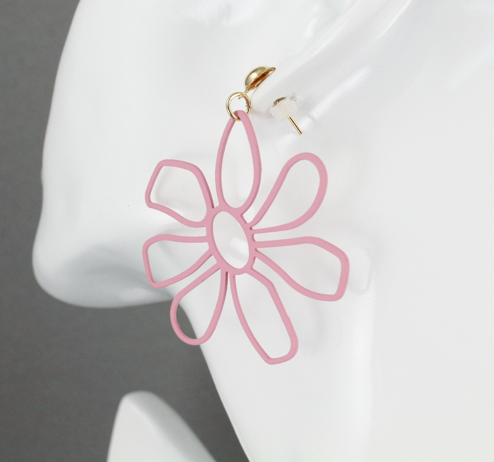 Pink flower earrings post stud dangle floral daisy outline lightweight 1.75″