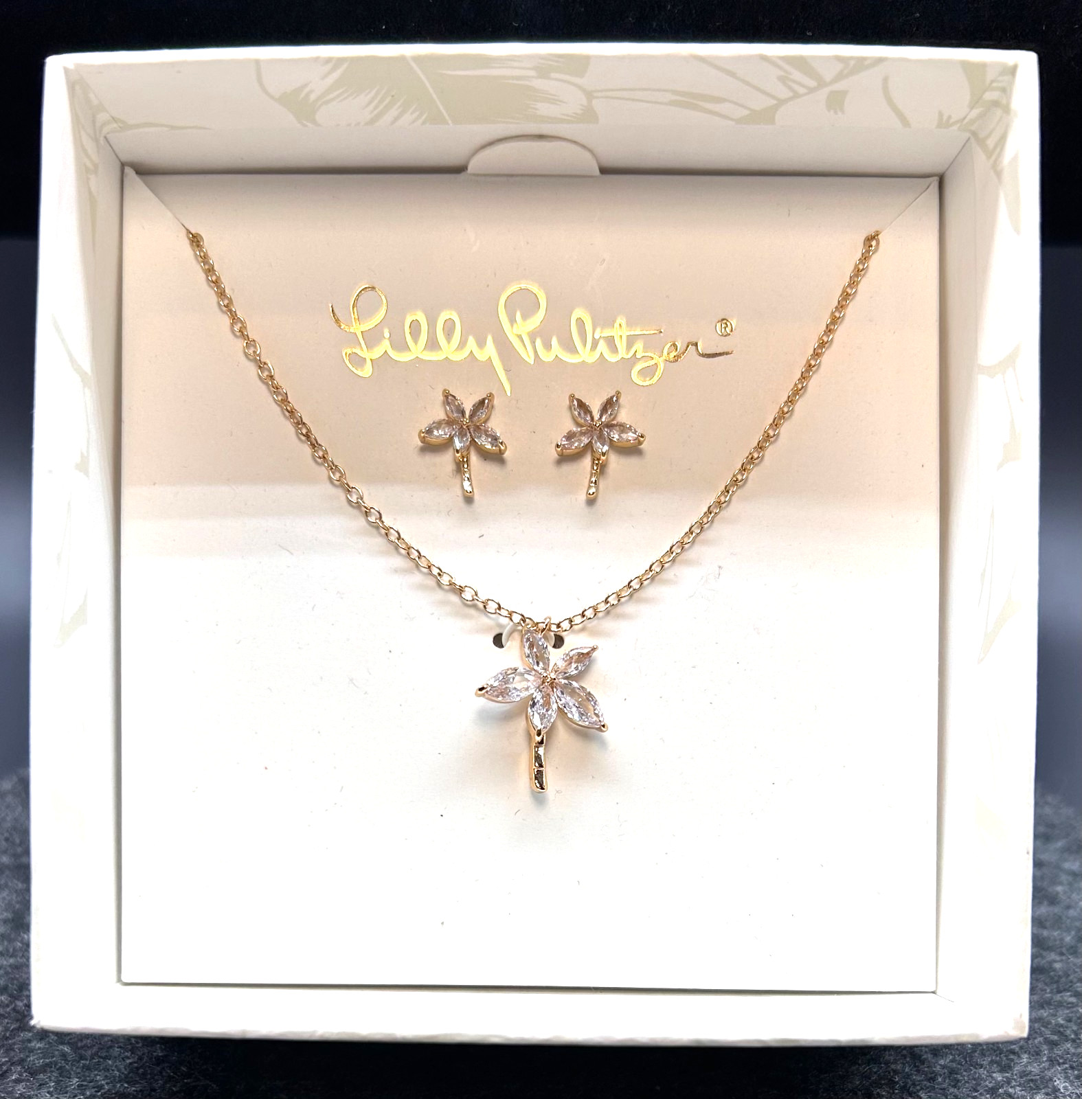 Lilly Pulitzer Gold Tone Rhinestone Sparkling Palm Tree Necklace Earring Set NWT