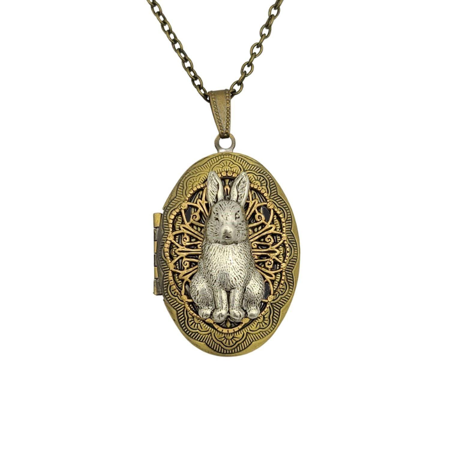 Ox Brass Oval Rabbit Locket Necklace Jewelry Keepsake Photo Locket