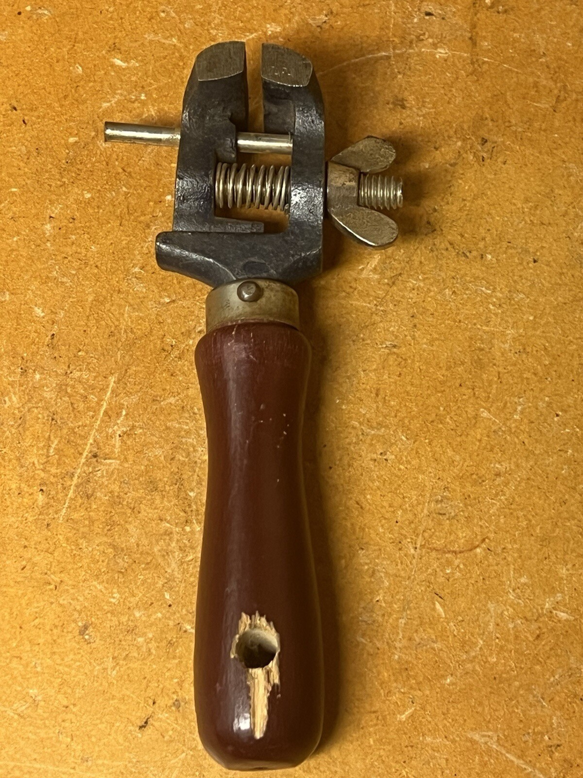 Vintage Hand Held Vise Watchmaker Jeweler Wooden Handle Vice ~