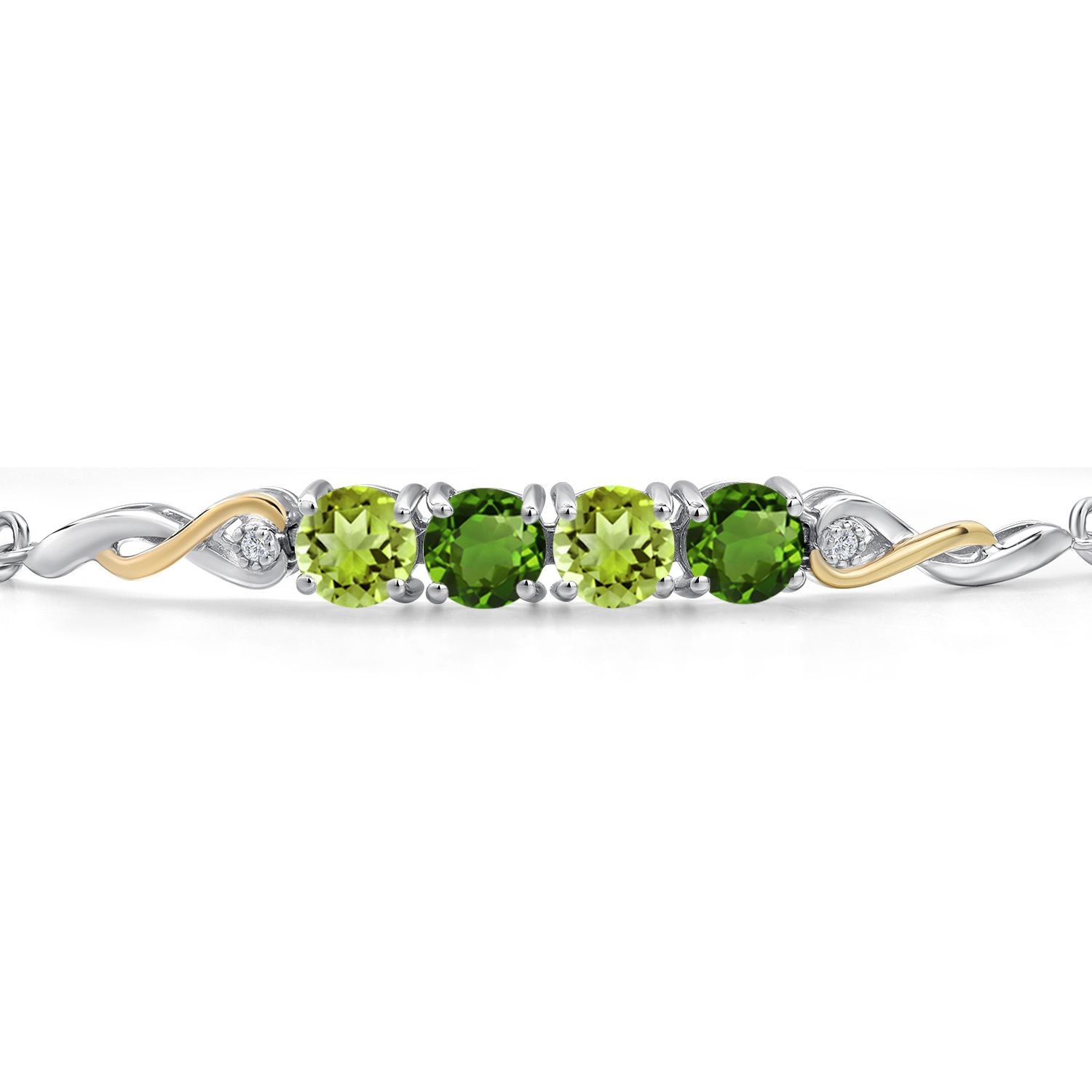 925 Silver and 10K Yellow Gold Peridot and Green Chrome Diopside and White Lab