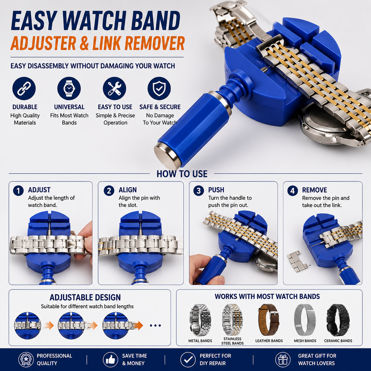 Watch Repair Spring Bar Tool Steel Link Remover Pin Pusher with Spare Tips