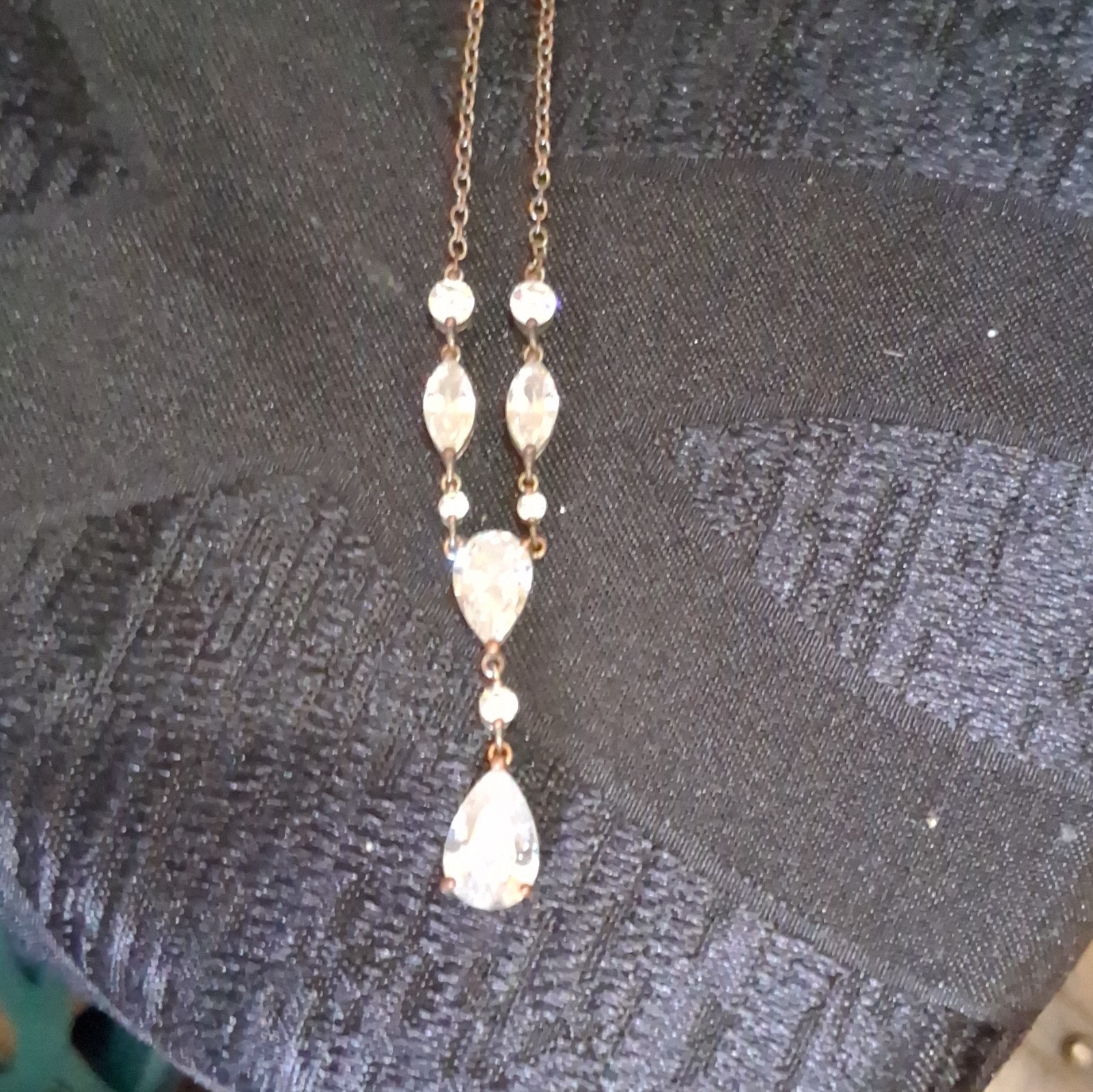 VintageGold-Tone Crystal Teardrop Y-Drop Pendant Necklace Cable Chain Adjustable