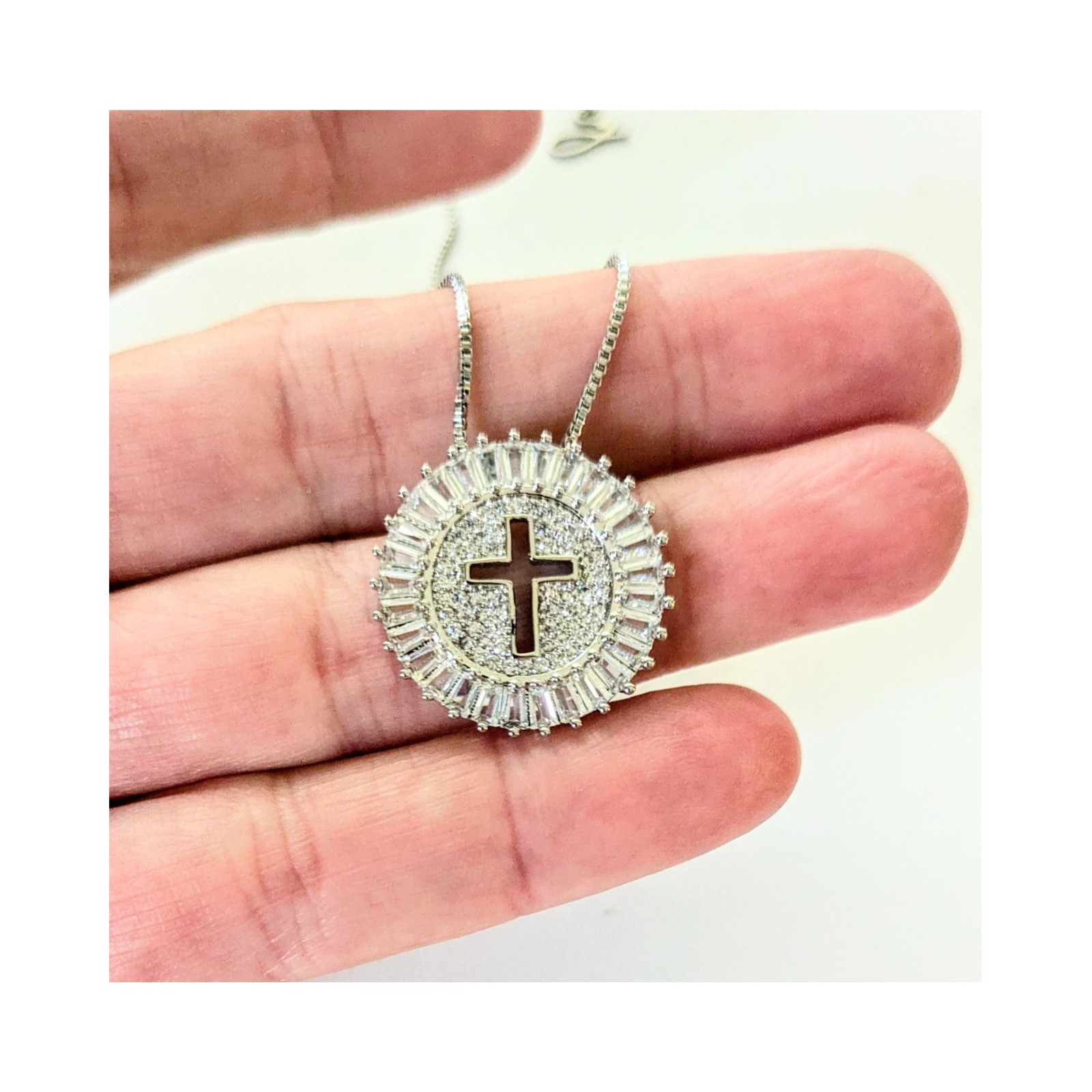 Rhodium Plated Pave Baguette C.Z. Stone Holy Cross Pendant Chain Necklace 16-20″
