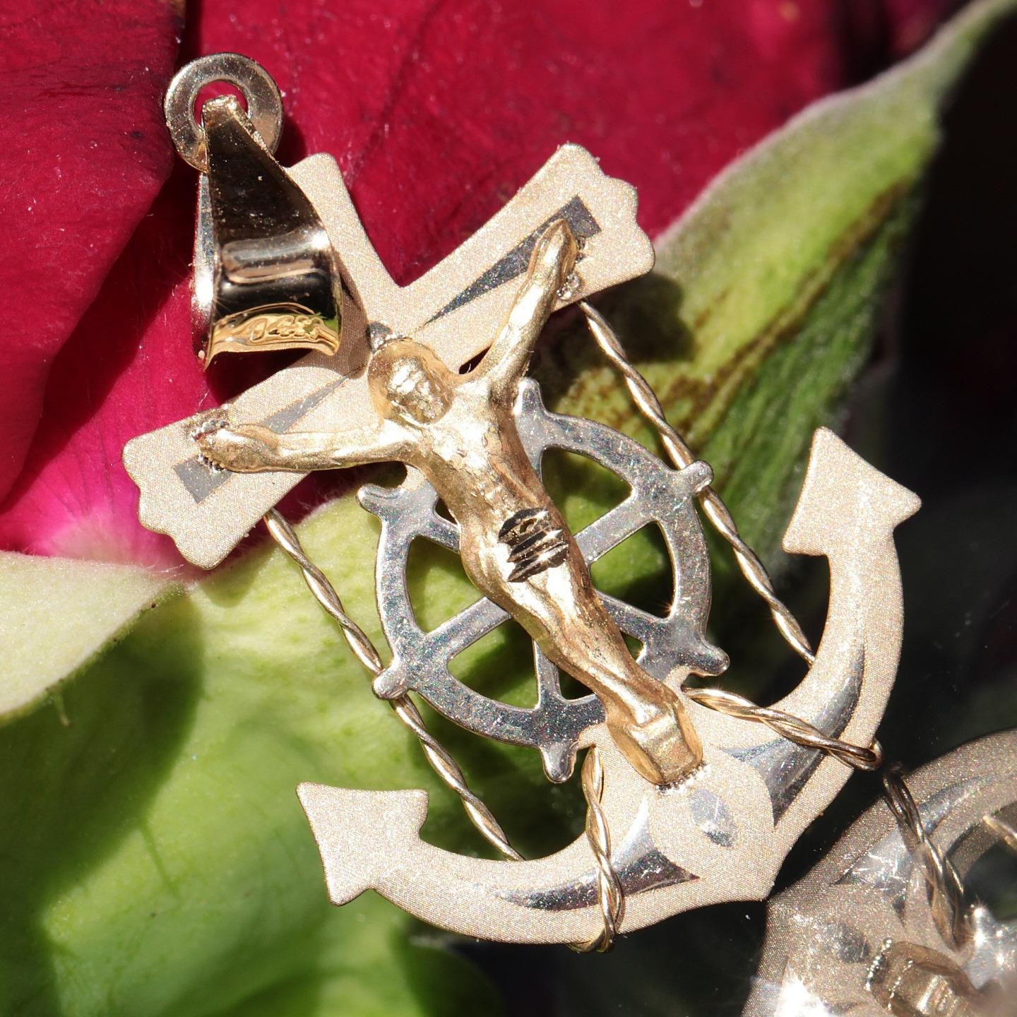 14k yellow gold pendant Jesus anchor 1.30″ diamond cut charm vintage 1.1gr