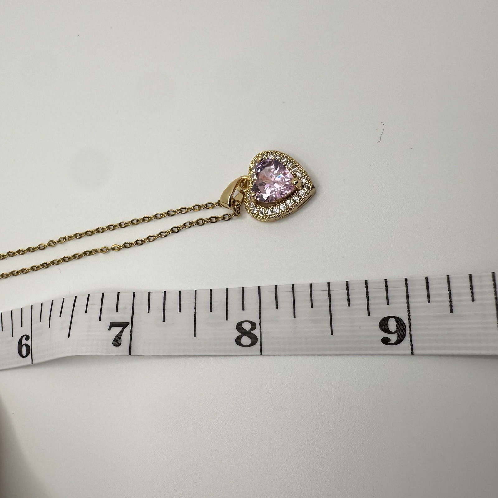 Gold Toned, Stainless Steel Necklace, Pink Heart CZ Pendant 16 In