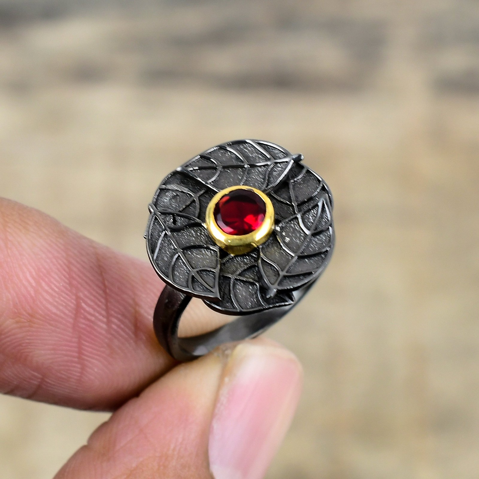 Red Garnet Black And Gold Plated 925 Sterling Silver Ring S.7.5 R87243