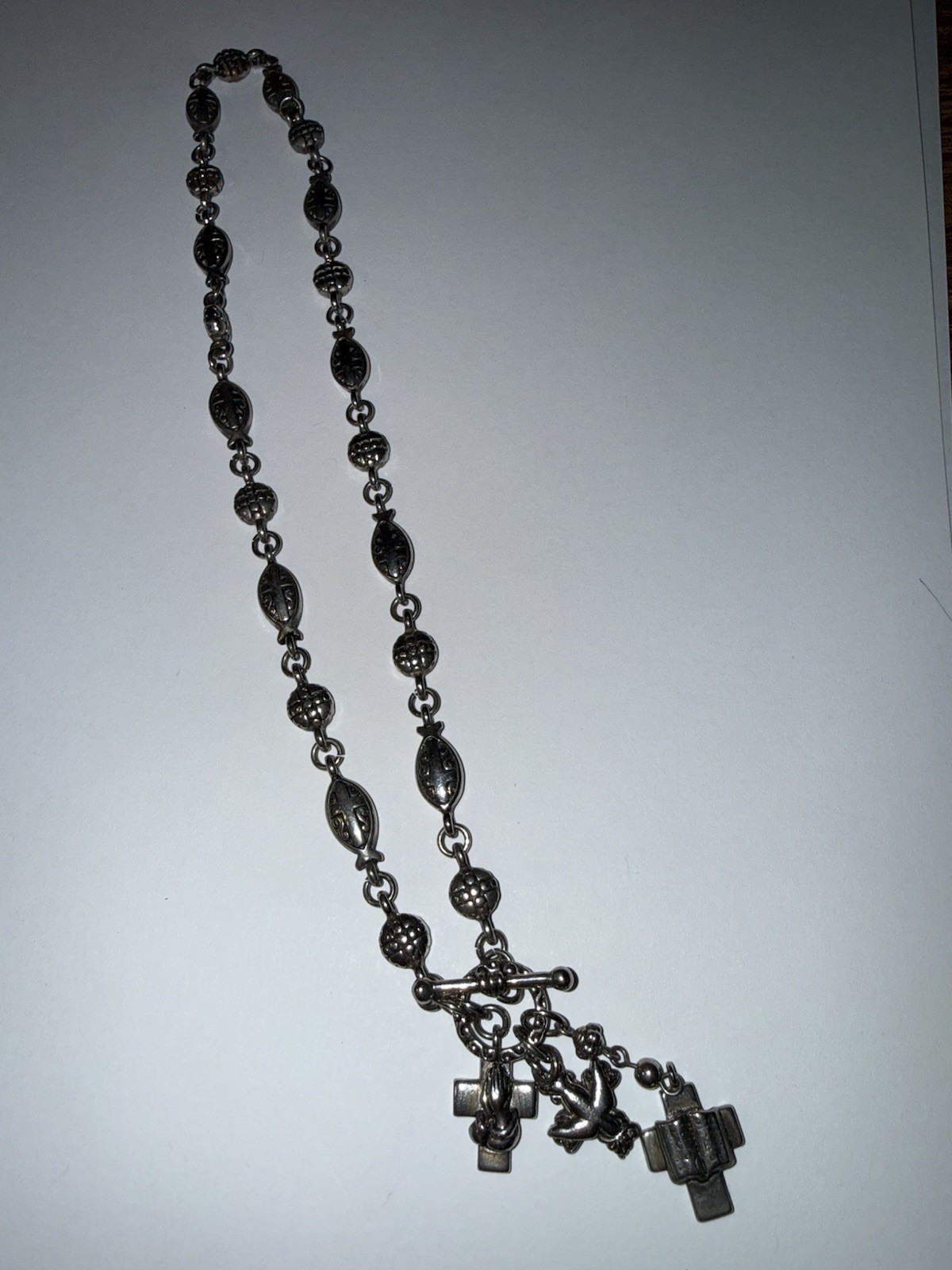 Silver Tone Toggle Link Chain Necklace | Religious Cross & Dove Charm Dangles