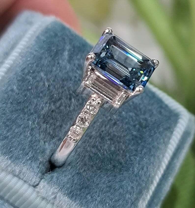 3Ct Emerald Simulated Blue Diamond Three Stone Ring 14k White Gold Plated Silver
