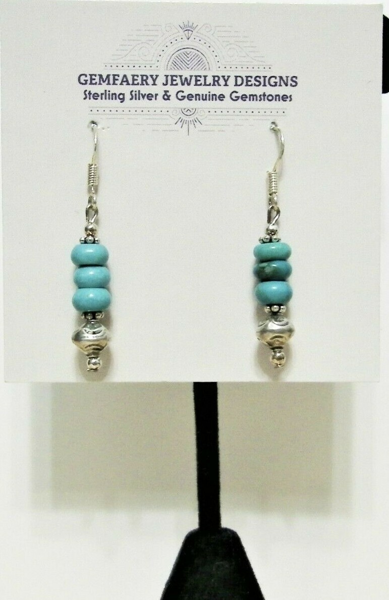 Sterling Silver Natural TURQUOISE Gemstone Dangle Earrings #5527…Handmade USA