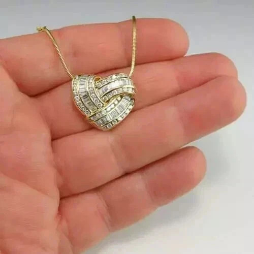 2Ct Round Baguette Cut Lab Created Diamond Heart Engagement 14K Gold FN Pendant